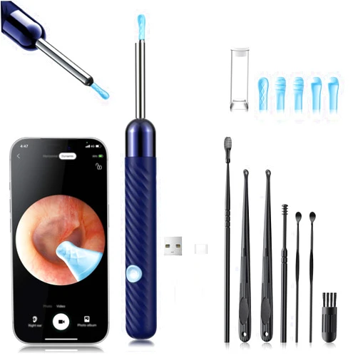 LEIPUT Ear Wax Removal - Earwax Remover Tool with 7 Pcs Ear Set - Ear Canal Cleaner with 1080P Camera - FSA HSA Eligible - Ear Cleaning Kit with 6 Ear Spoon - Ear Camera for iOS & Android (Blue)