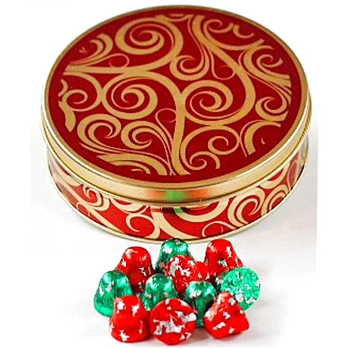 Scott's Cakes Foil Wrapped Solid Milk Chocolate Peanut Butter Filled Bells in a Medium Golden Swirl Tin