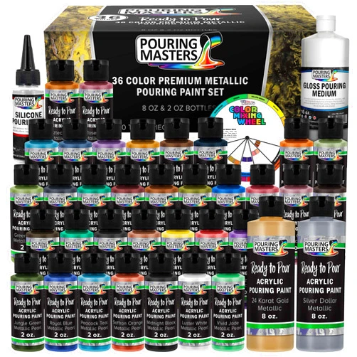 U.S. Art Supply Pouring Masters 36-Color Metallic Ready to Pour Acrylic Pouring Paint Set with Silicone Oil & Gloss Medium - Premium Pre-Mixed High Flow 2-Ounce & 8-Ounce Bottles - for Canvas, Wood, Paper, Crafts