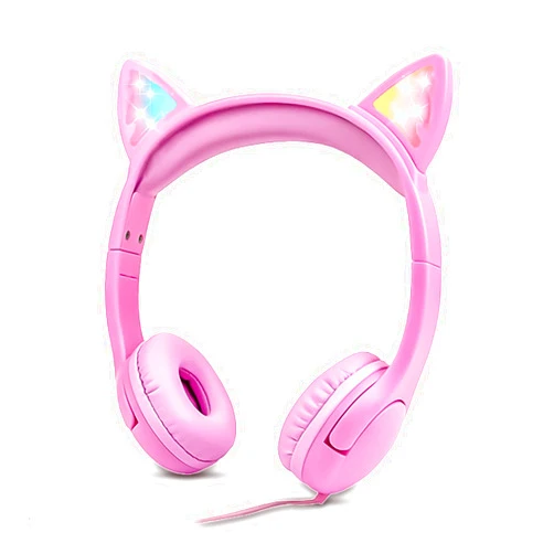 Olyre Girls Headphones with LED Light Up Cat Ears 85db Volume Limited Kids Headphones,On-Ear LED Children Headphones for School Learning Travel -Pink