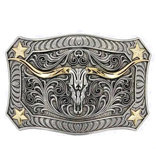Montana Silversmiths Unisex Longhorn Crest Filigree Attitude Belt Buckle Silver One Size