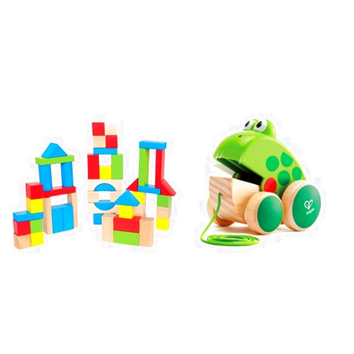 Hape Maple Wood Kids Building Blocks Stacking Wooden Block Educational Toy Set for Toddlers & Frog Pull-Along | Wooden Frog Fly Eating Pull Toddler Toy, Green, L: 4.7, W: 3.8, H: 3.3 inch Stacking Blocks + Wooden Frog Toy