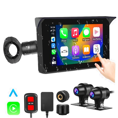 VSYSTO 5 Inch Motorcycle Carplay Touchscreen, Wireless Carplay and Android Auto, GPS Navigation Waterproof WiFi Motorcycle Dash Camera HD 1080P Front and Rear Camera, Tire Pressure sensors (5inch)