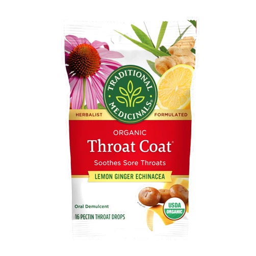 Traditional Medicinals Organic, Throat Coat Lozenges, Lemon Ginger Echinacea - Herbal Cough Drops, Helps Soothe Sore Throat - Non-GMO, Stimulant-Free - 16 Count