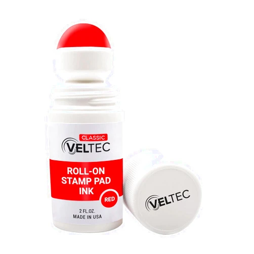 Veltec Classic Roll-on Stamp Pad Ink Refill, 2 oz Bottle, Apply to Ink Pad with Roller Ball (Red)