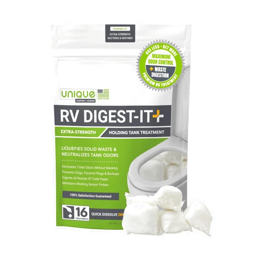 Unique RV Digest-It+, Extra-Strength Black Tank Treatment for RVs - Drop-In Pod RV Toilet Treatment, Eliminates Odor, Liquefies Waste, Prevents Sensor Misreading, CA Compliant (16 Pods)