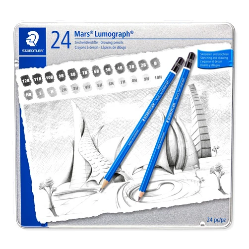STAEDTLER Mars Lumograph Art Drawing Pencils, Graphite Pencils in Metal Case, Break-Resistant Bonded Lead, Grades 12B-10H, Set of 24