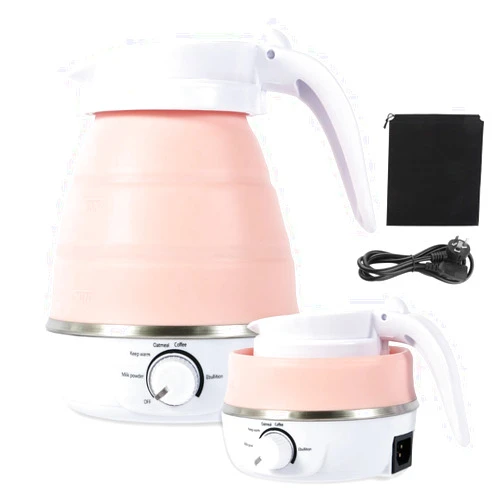 Rzlinn Collapsible Travel Kettle (110V), 600ml Temperature Control Portable Electric Tea Kettle Can Boil Water,Brew Milk, Food Grade Silicone Small Electric Kettle (Pink)
