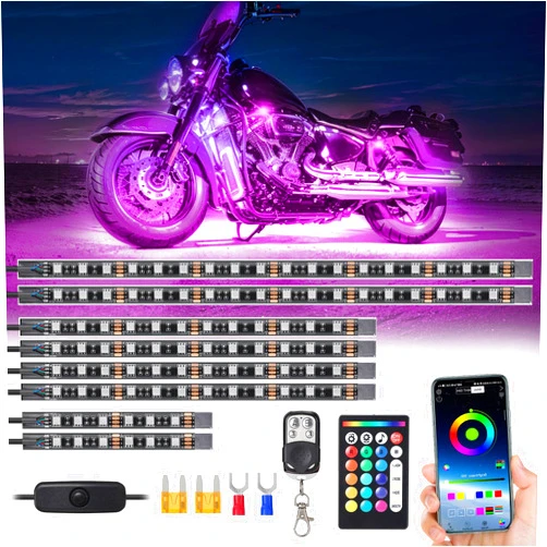 TDE Explorer.Lighting 8Pcs RGB Motorcycle LED Strip Lights for Harley Davidson Kawasaki Suzuki Yamaha Golf Cart, 12V Waterproof Multicolor Motorcycle Underglow Light Neon Strip Kit with APP/RF Control Brake Light