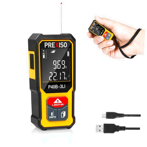 PREXISO Mini Laser Measurement Tool, 135Ft Rechargeable Laser Distance Meter Ft/Ft+in/in/M Unit, Laser Measure with High Accuracy, Pythagorean, Distance, Area, Volume Modes