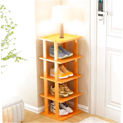 SAN HE Bamboo Shoe Rack 5Tier- Vertical Shoe Rack for Small Spaces, Tall Narrow Shoe Rack Organizer for Closet Entryway Corner Garage and Bedroom,Skinny Shoe Shelf with Free Stackable DIY