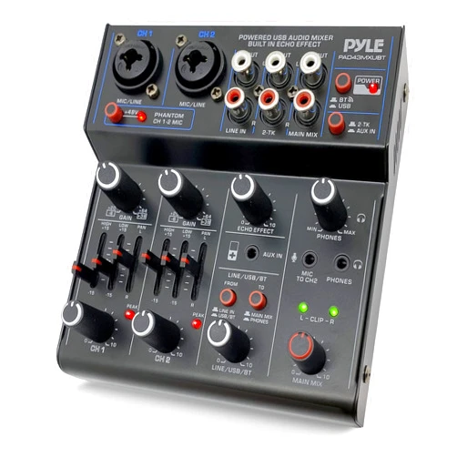 Pyle Professional Wireless DJ Audio Mixer - 4 Channel Bluetooth Controller Sound Mixer, USB Audio Interface, 2 Combo Jack XLR+6.35mm Mic/Line/Guitar in, 3.5mm, RCA AUX, Headphone Jack - PAD43MXUBT