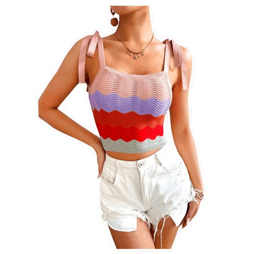 SweatyRocks Women's Color Block Crop Tank Top Tie Spaghetti Strap Sleeveless Summer Knit Tops