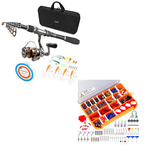 PLUSINNO Telescopic Fishing Rod and Reel, 263pcs Fishing Tackle Kit with Tackle Box