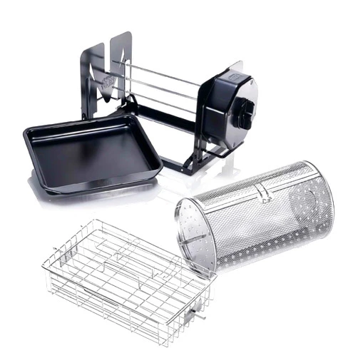 ROTO-Q 360™ RF – Manual Rotisserie Cooker | Plus Basket + Cage Edition | Portable Collapsible Design | Color: Black | Stainless Steel Construction | Oven, Grill & Outdoor Compatible