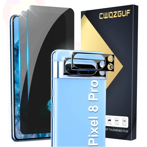CWQZGUF [2+2 Pack] Pixel 8 Pro Privacy Screen Protector, 2 Pack Privacy Tempered Film with 2 Pack Camera Lens Tempered Glass, High Clarity, Bubble Free, Anti-Spy Protection for Google Pixel 8 Pro 5G Screen Protector