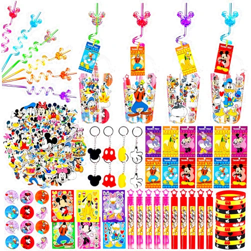 GoGoGoodie Cartoon Mouse Party Favors with Thank You Tags Includes Party Cups Straws Bracelets Keychains Bubble Sticks Stickers Badges Mouse Party Supplies for Girls Boys Kids Birthday Party Classroom Rewards