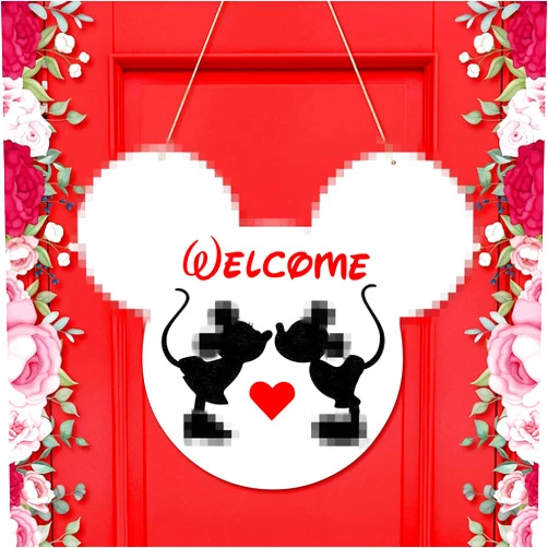 Andi Cppss Valentine's Day Mouse Wooden Hanging Door Sign for Front Door, Mouse Sweet Welcome Sign for Wall Decor, Porch Plaque for Wedding Door Decor, Mouse Kiss Hanging Sign for Outdoor