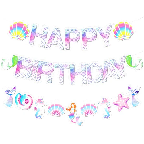 IPartycool Mermaid Happy Birthday Banner, Mermaid Birthday Decorations，Mermaid Party Decorations, Mermaid Garland, Mermaid Party Supplies, Happy Birthday Sign Little Mermaid Party Decorations for Girls Women