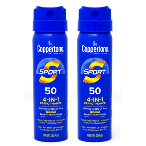Coppertone Sunscreen Spray Sport SPF 50, 4 in 1 Performance, 80 Minute Water Resistant, Travel Size, 1.6 oz (Pack of 2)