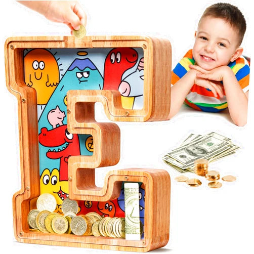 SummiDate Wooden Letter Piggy Bank| Dinosaur Pattern Piggy Bank for Boys Kids Toddler| Original Pattern Alphabet E Money Bank| Coin Bank Birthday Gift for Girls|Children's Gift(E)