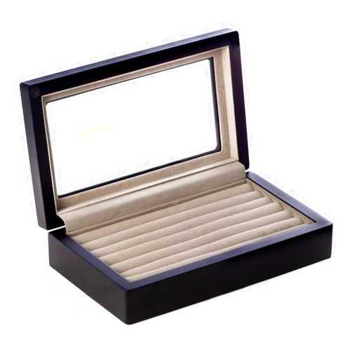 Bey-Berk Matte Black Wood Cufflink Box with Glass Top and Velour Lining, 9