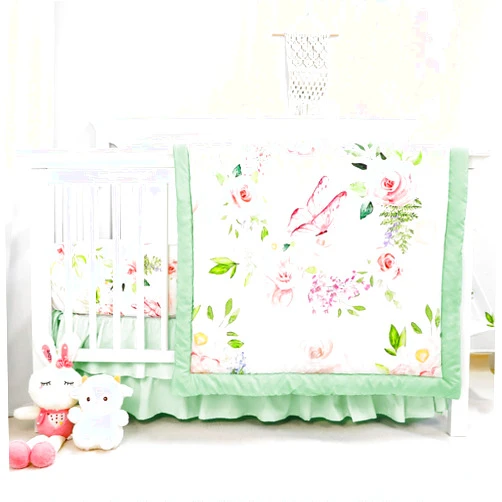 CARUILI 4-Piece Crib Bedding Set, Baby Girl Crib Bedding Set Butterflies Floral Nursery Bedding Set Includes Comforter, Fitted Crib Sheet, Crib Skirt, and Diaper Stacker, Green & Pink