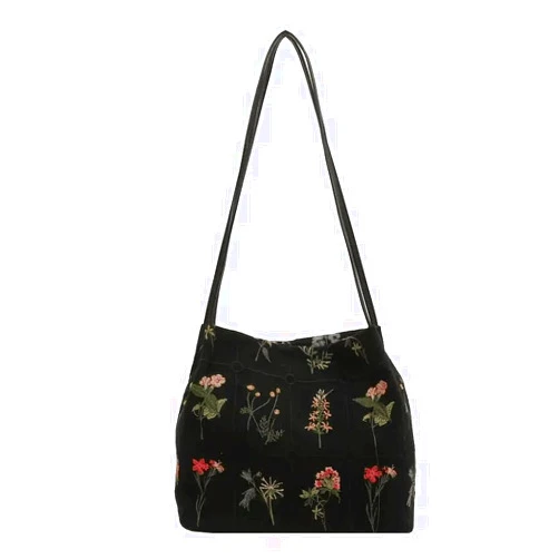 Compulsoryking Women Vintage Floral Embroidery Totes Fashion Bucket Handbag Large Capacity Shoulder Bag Ladies Work Shopping