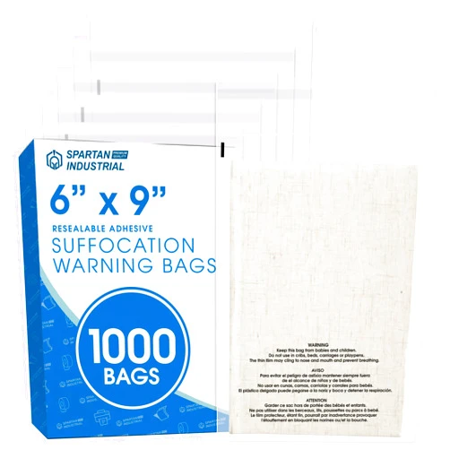 Spartan Industrial - 6” X 9” (1000 Count) Self Seal Clear Poly Bags with Suffocation Warning for Packaging, Shipping - Resealable Glue