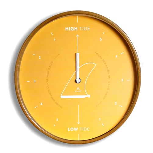 Salty Home - Tide Clock - Coastal Decor - 12.2Inch Wall Clock - Premium Wood Dial - Silent Clock Movement - Quartz Mechanism - Battery Operated - Single Fin Yellow
