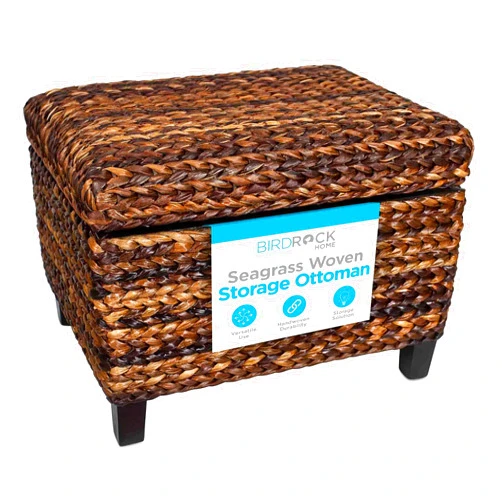 BIRDROCK HOME Woven Seagrass Storage Ottoman with Safety Hinges - Easy-to-Open Lid, Sturdy Construction - Natural Brown Finish - Large Storage Space Ideal for Living Room, Bedroom, Dorm - 22x18x16