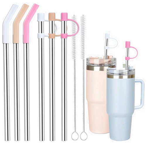 Jetstop Stainless Steel Straws with covers fit Stanley 40 oz tumbler, Reusable 12 Inch Metal Straw with Silicone Tips & Cover Caps, Compatible with Stanley Quencher H2.0 (6 Pack: 3 Bent + 3 Straight)