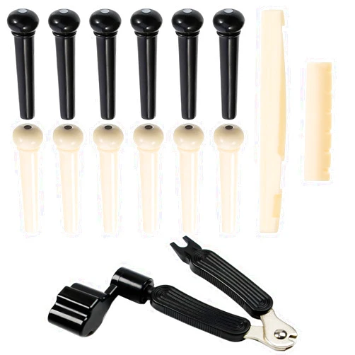 Junlego 14Pcs Acoustic Guitar Bridge Pins String Pegs Guitar Saddle Nut With 3-In-1 Pin Puller Remover Guitar String Winder And Cutter Guitar Parts Accessories Replacement Tools Kits（white+black）