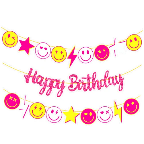 IPartyFun Preppy Birthday Party Decoration Rose Red Happy Birthday Banner Pink Yellow Smile Face Lightning Star Design Banners for Preppy Theme Birthday Party Bachelorette Party Supplies
