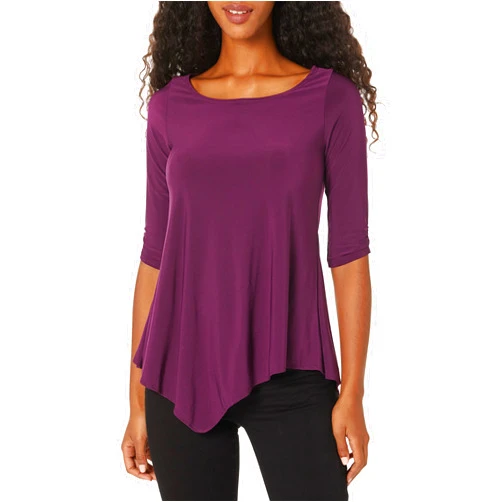 Star Vixen Women's Petite Elbow-Cinch Sleeve Hanky Hem Top