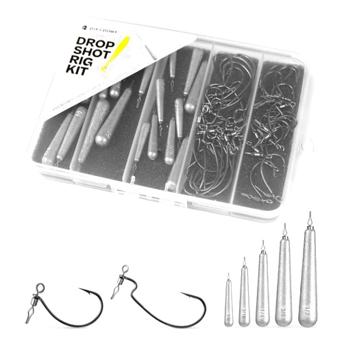 OJYDOIIIY 52-Pack Drop Shot Rig Kit - 8 Sizes Swivel Hooks (32 Pcs) & 20 Weights (1/8oz to 1/2oz) - Quick Dropshot Rigging for Bass Fishing