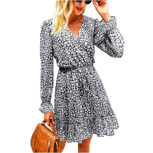 KIRUNDO Women Casual Summer Fall Dresses Long Sleeve Floral Wrap V Neck High Waist Ruffle Tiered A Line Flowy Mini Dress