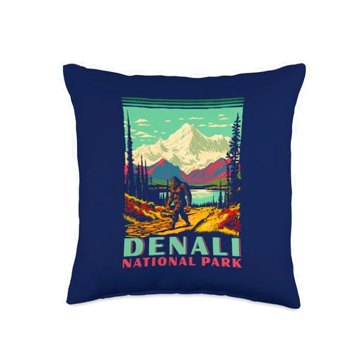 Yeti Habitation Project - Bigfoot & Sasquatch Art Denali National Park Sasquatch WPA Classic Alaska Art Throw Pillow, 16x16, Multicolor