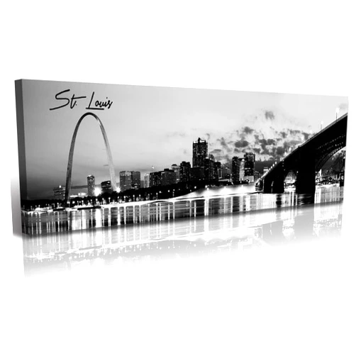 DJSYLIFE Panoramic St. Louis Skyline Wall Art Cityscape Picture Black and White Canvas Print Night View Urban Landscape Modern Artwork Office Bedroom Decor Framed and Ready to Hang 13.8