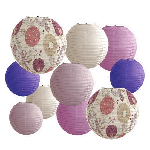 METHEDEECO Paper Lanterns Party Decorations Size of 12’10’8inch Floral Pattern Purple Pink Japanese Chinese Lantern Hanging Paper Lantern Bohemian Style Baby Shower Birthday Decorations