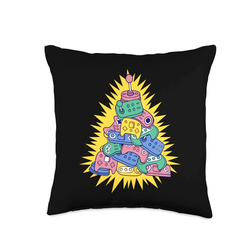 Gamer PC, Gaming Geschenke, lustige Sprüche Retro Video Game Christmas Tree for Men, Women and Children Throw Pillow, 16x16, Multicolor