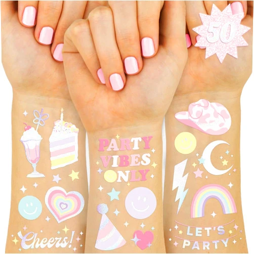 xo, Fetti Pastel Rainbow Temporary Tattoos - 50 Iridescent Foil Styles | Preppy Birthday Party Supplies, Smiley Party Favors, Party Vibes Only