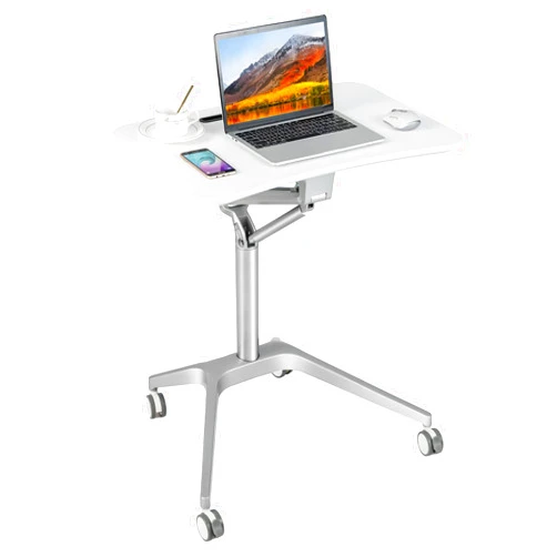 Tangkula Mobile Standing Desk, Pneumatic Sit Stand Laptop Desk with Tablet Holder & 4 Rolling Casters, Portable Lectern Podium with Gas Lift Mechanism, Rolling Podium for School & Conference Room