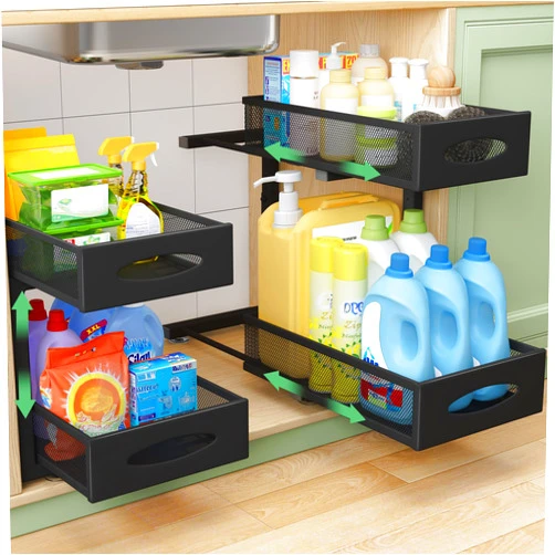Kitstorack Under Sink Organizer, 2 Tier Pull out Cabinet Organizer Baskets with Mesh Sliding Drawers, Slide out Storage Shelf for Home, Kitchen, Bathroom, Pantry, Office Cabinet(2 Pack)