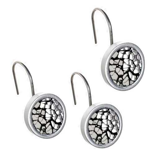 DWELLZA DWËLLZA Silver Shower Curtain Hooks Decorative - Set of 12 Shower Curtain Rings for Bathroom Shower Rod - Elegant Crackled Glass Shower Curtain Hooks Brushed Nickel