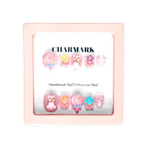 CHARMARK Girl Press on Nails Cute 3D Kids Handmade Nails Manicure, Unique Cartoon Nail Decorations, 10Pcs Reusable Well Made Gel Press on Nails for Children Gifts, Parties (04.pink lollipop, L)