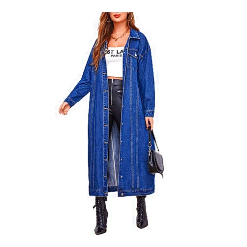 chouyatou Women's Fashion Spring Button Down Midi Long Denim Jean Jacket Trench Coat