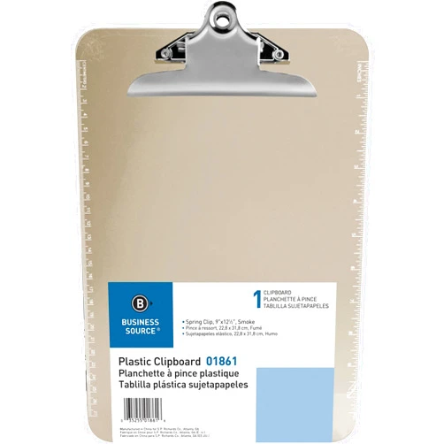 Business Source Sparco 01861 Transparent Plastic Clipboard, 9-Inch x12-Inch , Smoke