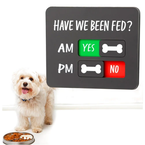 EliteSign Dog Feeding Reminder Sign with Magnet, Pet Feeding Tracker with Have We Been Fed, Acrylic Slider Sign for Fridge, AM PM Feed Chart Sign with Yes No Option, Black with 2 Stickers, 4.7