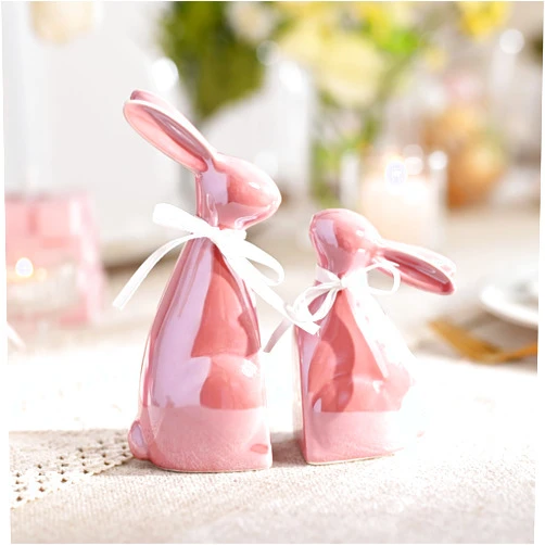 Valery Madelyn Easter Decorations, 2Pcs Bunny Decor, Pearl Pink Ceramic Rabbit Statue Figurine for Home, Spring Easter Gift Tiered Tray Decorations for Indoor Table Centerpieces，6.3 Inch